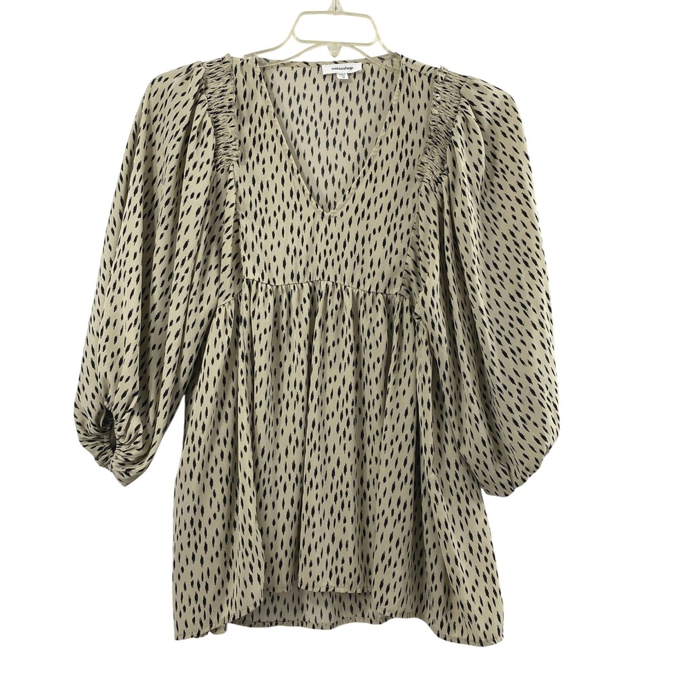 Mittoshop Babydoll Blouse Womens M Boho Tan Black Print V-Neck Balloon Sleeve